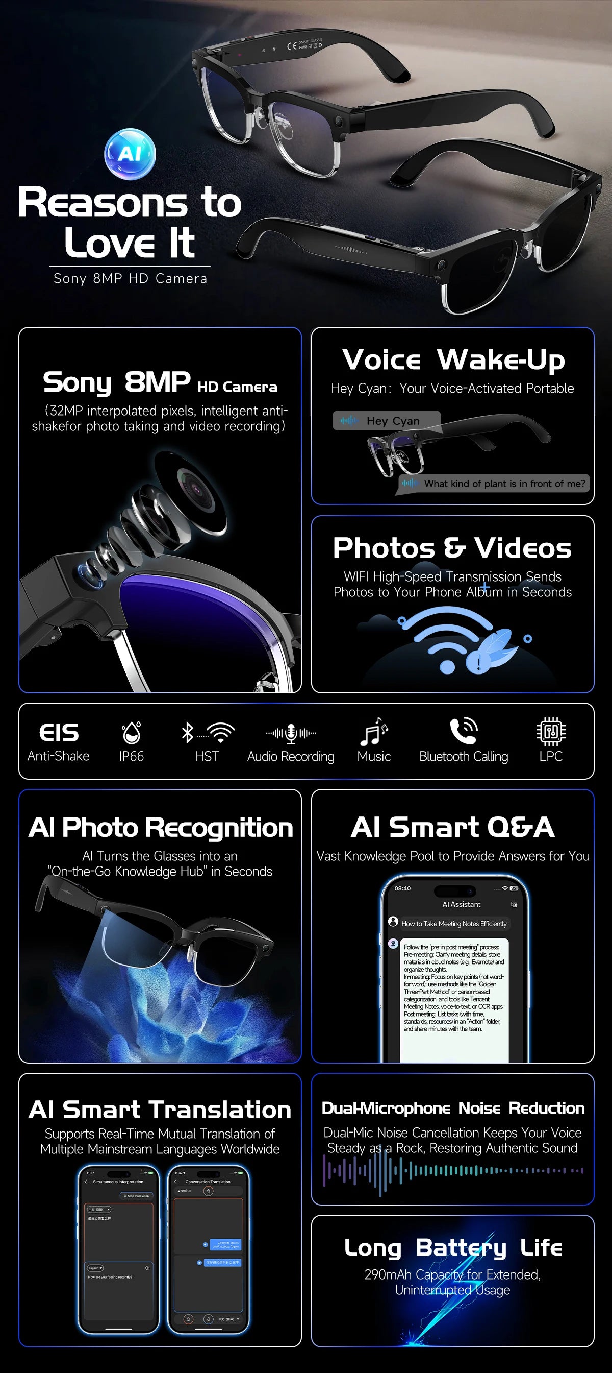 2026 New 4K HD 800W Pixel Dual-Camera Smart Glasses Men 1200P Video Recording AI Chat WIFI Transmission Translation Call Glasses