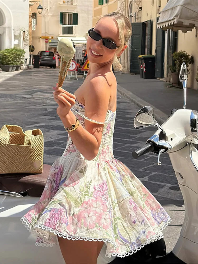 Sexy Printed Women's Dress V-neck Lace Hollow Out A-line Spaghetti Strap Pleated Lady Dresses 2026 Summer Chic Female Party Robe