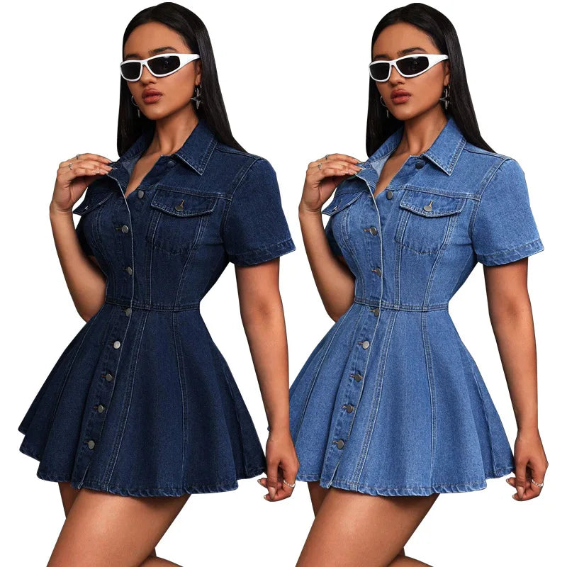 GLCMYAYA Fashion Vintage Women Street Denim Mini Dress 2025 Fall Short Sleeve Single-breasted Sexy Party A-Line Dresses Vestidos