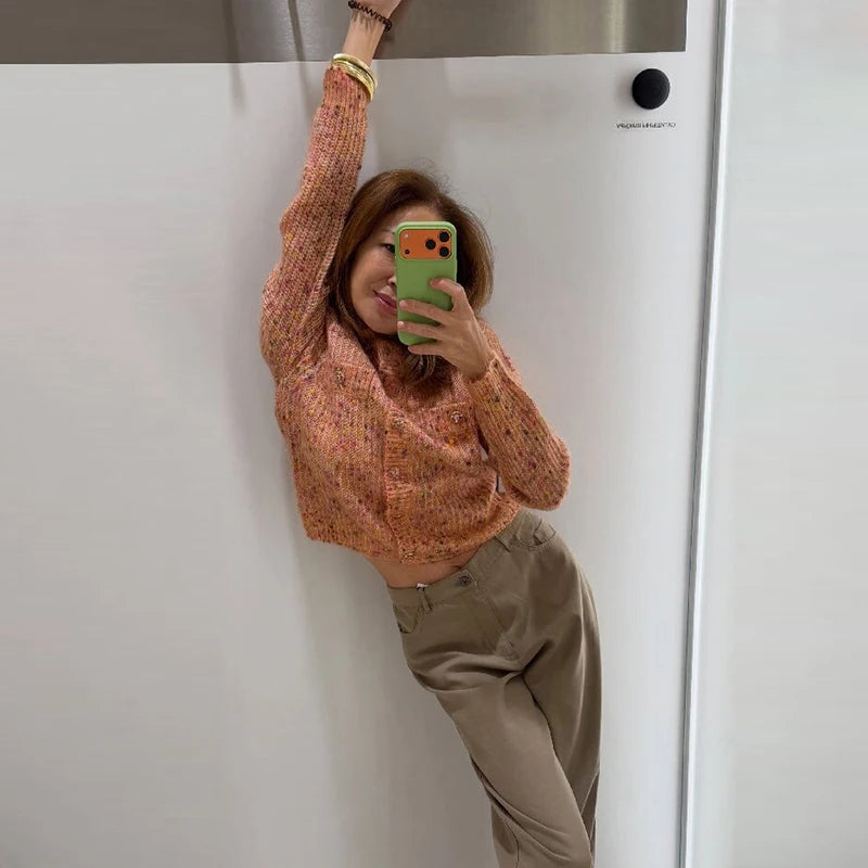 Women Cropped Knit Cardigan Speckled Round Neck Metal Button Front Long Sleeve Slim Fit Knit Jacket Casual Ladies Outerwear