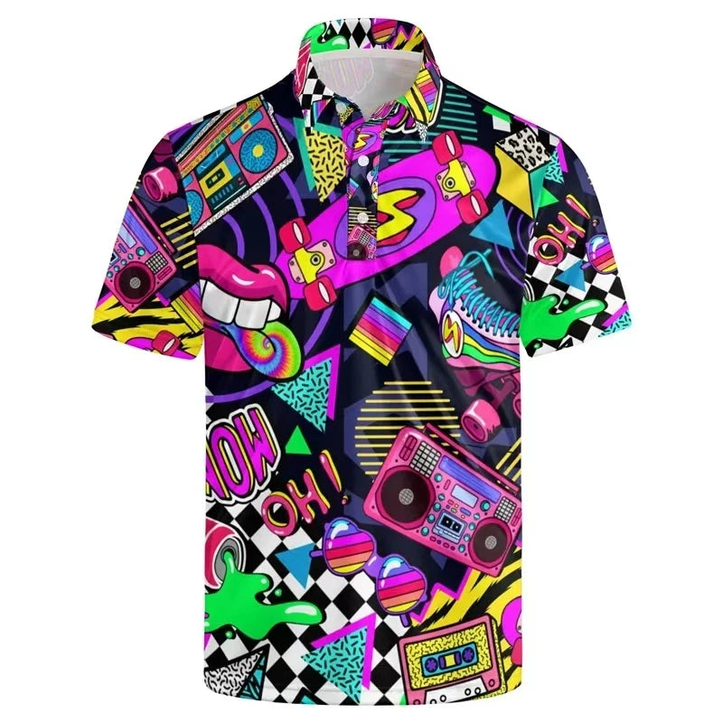 3D Printed Colorful Music Hawaiian Shirts For Men Cool 80s Patterns Blouse Summer Vacation Short Sleeves Tops Loose Shirts