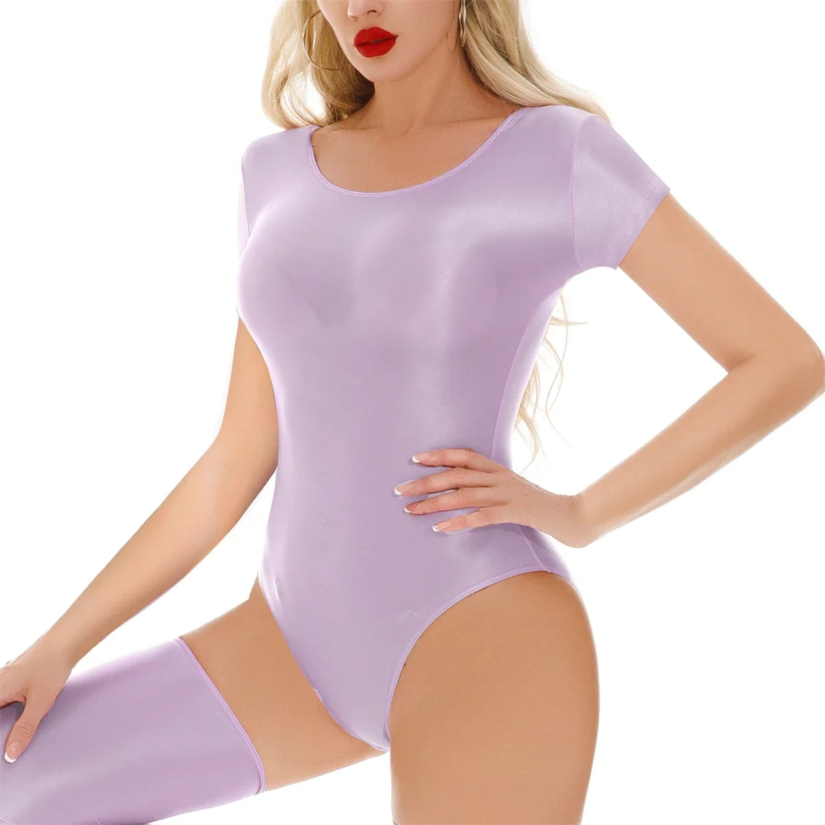 Women Sexy Bikini Leotard Solid Color Oil Shiny Smooth Bodysuits Short Sleeve Swimwear Rompers Transparent Yoga Fitness Catsuits