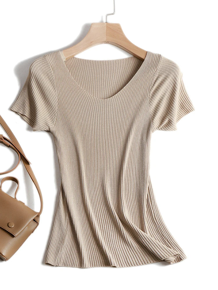 Pullover knitted Short Sleeve knitted Sweater Women Spring Summer Slim Basic Solid Casual Base Female knitting shirts 2024 Korea