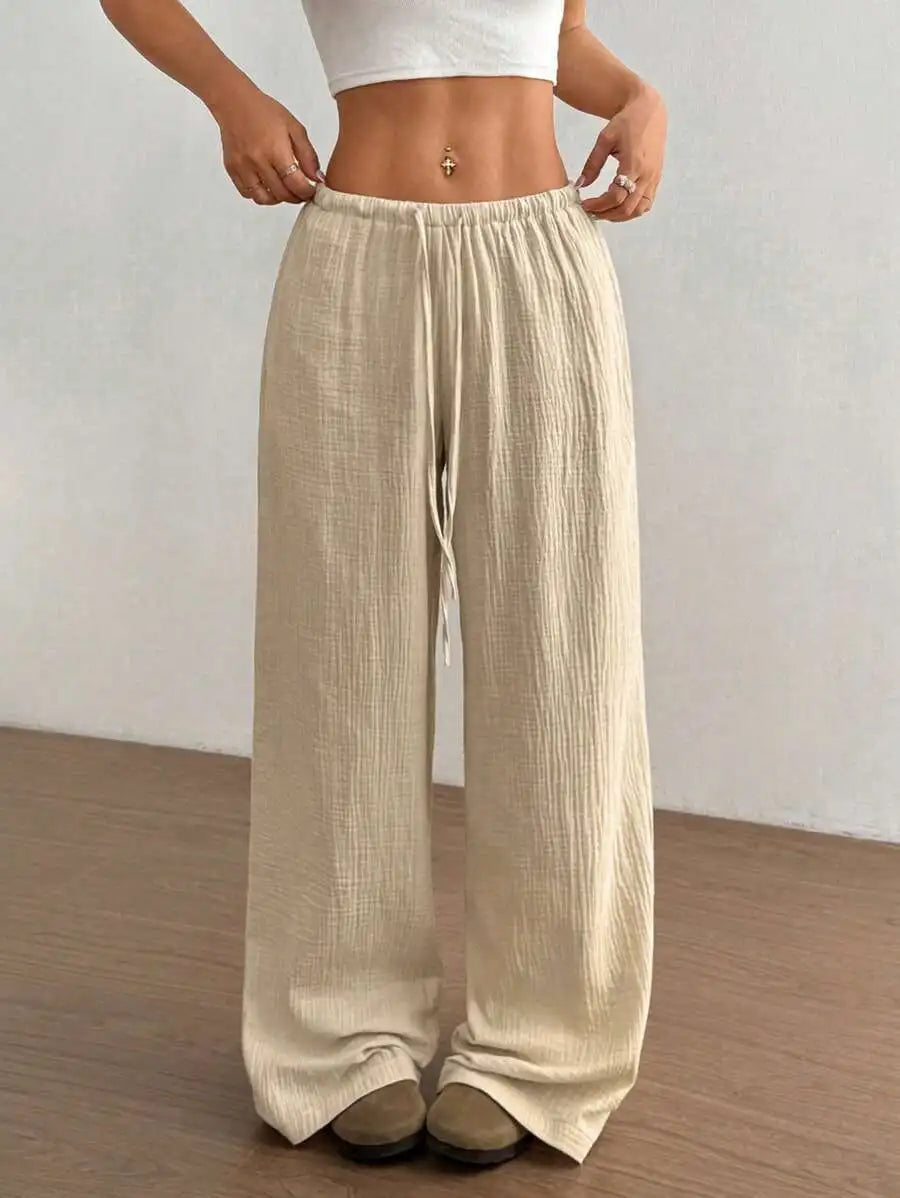 Women's Elegant Versatile Elastic Waist Comfortable Casual Pant Slightly Elastic Simple Solid Color High Waist Wide-leg Pants