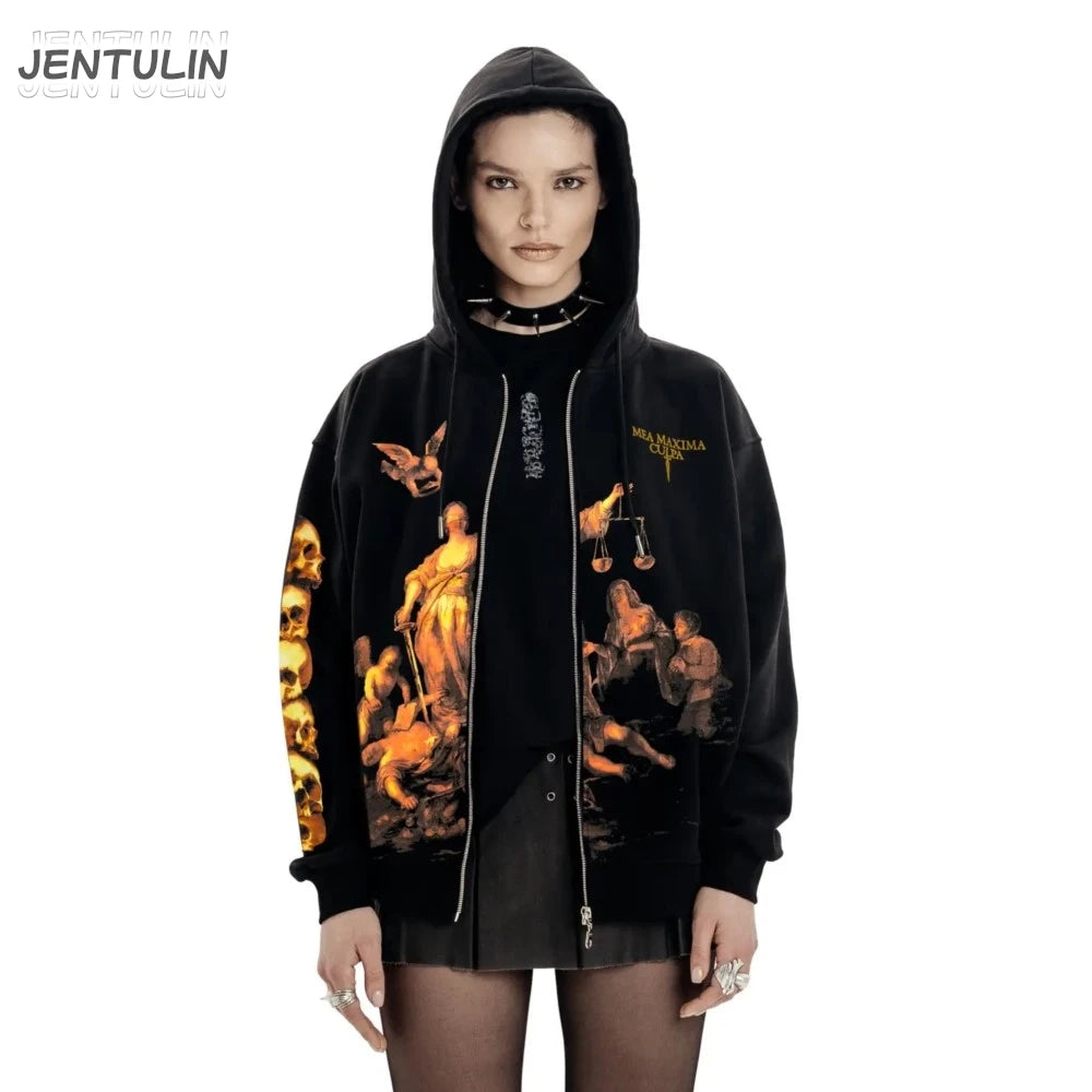 Y2K Retro Hoodie Men Printed justice Print Pullover Sweatshirt Harajuku Hip Hop Streetwear Oversized Jacket Unisex Zipper Hoodie