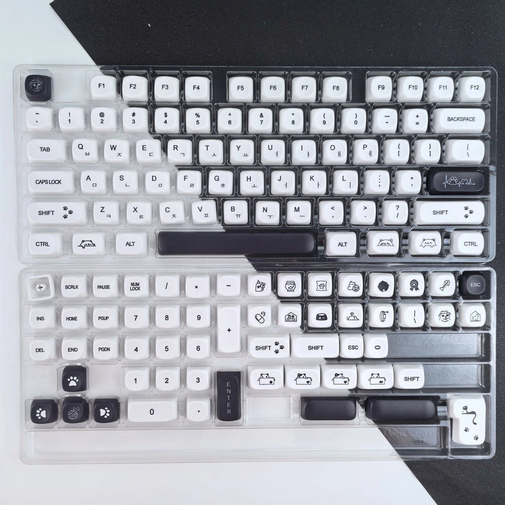 Strange Cat Cute Keycap English/Russian/Korean PBT MOA Minimalist Black and White Keycaps Lovely Kitten Mechanical Keyboard Caps