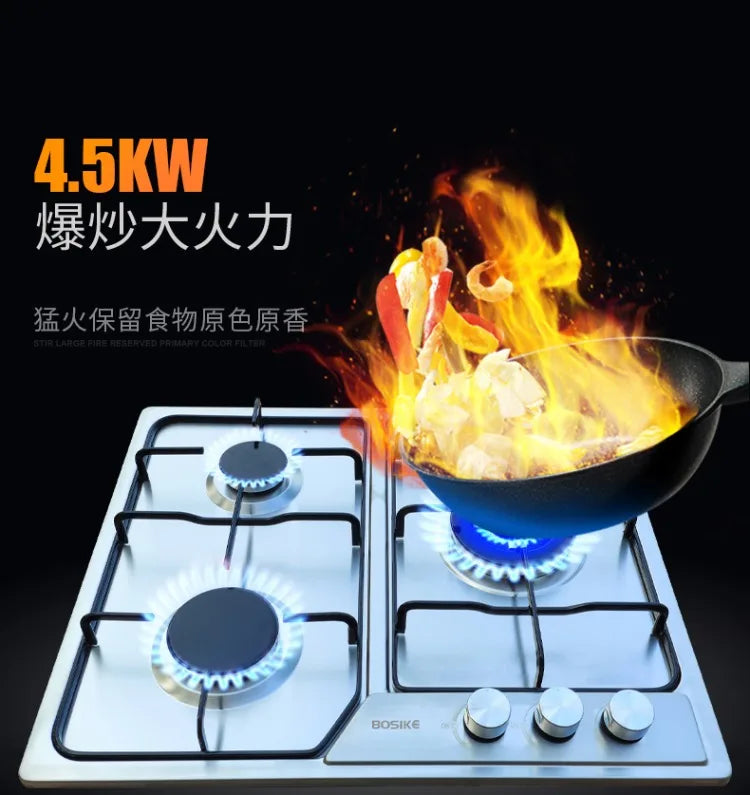 Boske 3 Burner Gas Stove Stainless Steel Panel High Power for Home Use Natural Gas LPG CEL