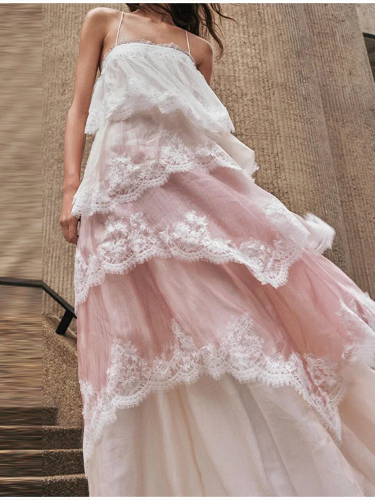 Romantic White Pink Tiered Lace Maxi Dress Spaghetti Straps Cross Back Tie Closure Flowy Skirt Women Date Party Vacation Outfit