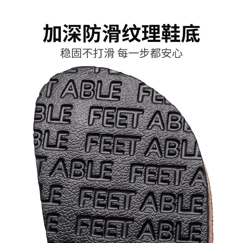 New Cork Sandals for Women Open Toe Beach Slippers with Adjustable Buckle Women Flats Leather Cork Footbed Flip Flops