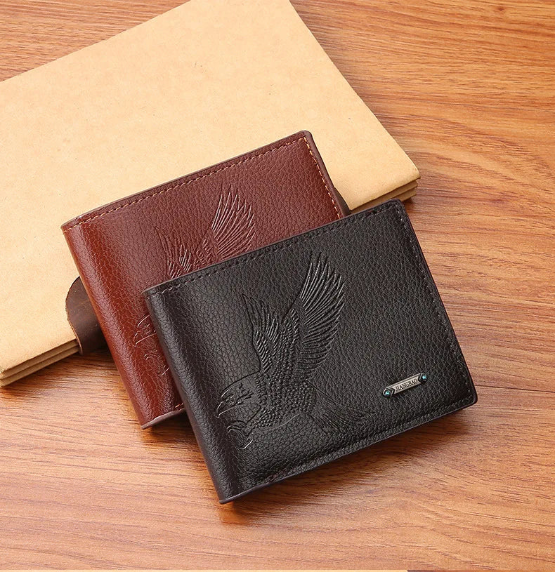 Classic Men's Leather Wallets Slim Minimalist Hawk Pattern Bifold Credit ID Card Holder Wallet Purse Short Thin Money Clip