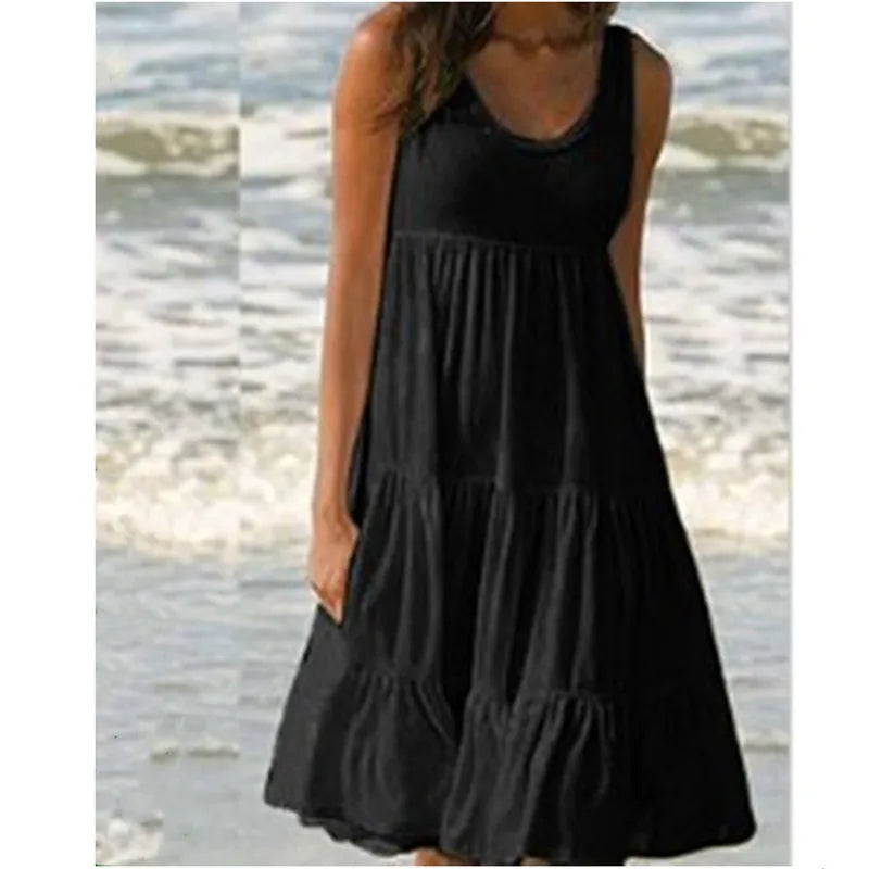 Bohemian Women's Casual O Neck Sleeveless Ruffle Mini Dress Solid Color Beach Tank Top Oversized Loose Dress Plus Size Women3029