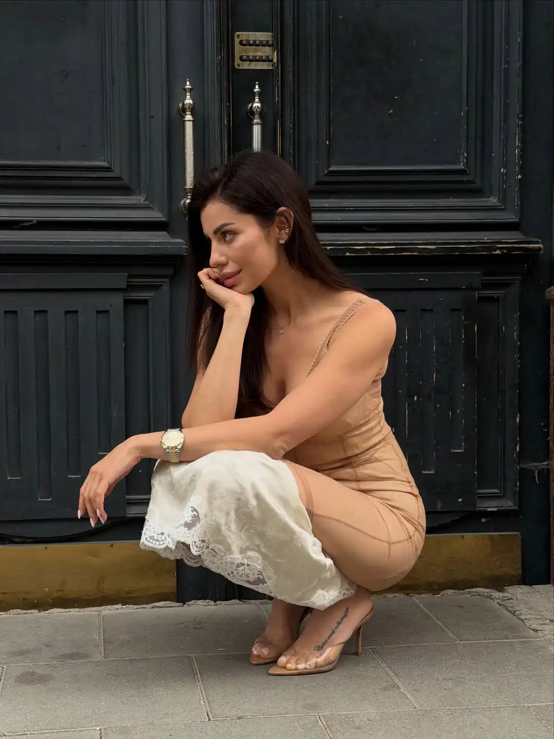Sexy Nude Fishbone V-neck Dress Women Elegant Sleeveless Pleated Slim Waist-cinching Gown 2026 Summer Party Casual Streetwear