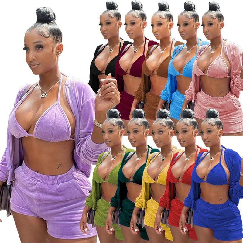 Velvet Tracksuit 3 Piece Set Women Fall Outfits Zipper Hoodies Jacket + Bra + Shorts Sets Sporty Matching Sets Jogging Femme