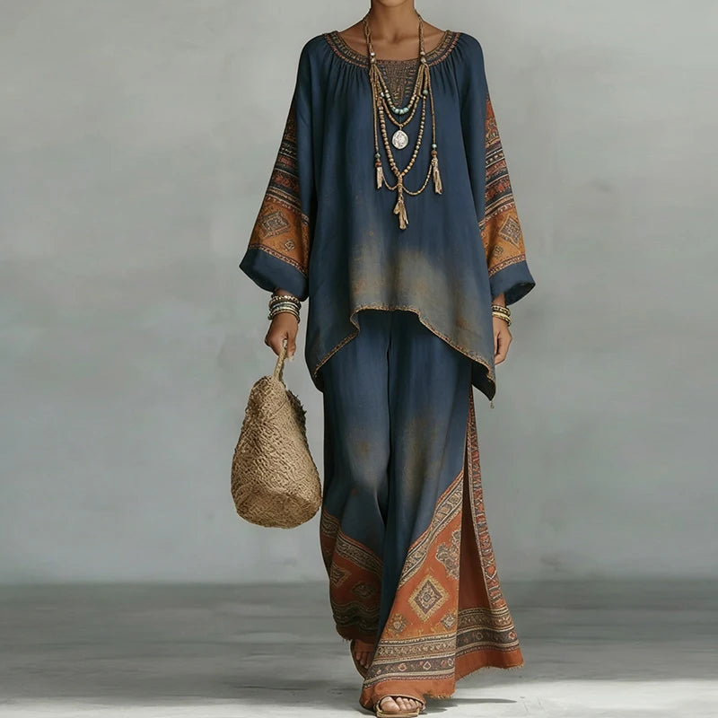 Holiday Wide Leg Pants Loose Two Pieces Sets, Women Summer Print Patchwork Simple Outfit, 2026 O Neck Pullover Top Ladies Suits