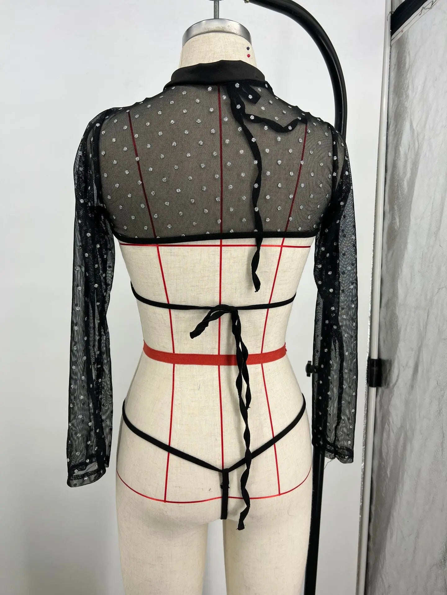 New Three-Point Hollow Mesh Top Sexy Lingerie Long Sleeve round Neck Women's Summer Home Clothes Sleepwear Home Suit Set