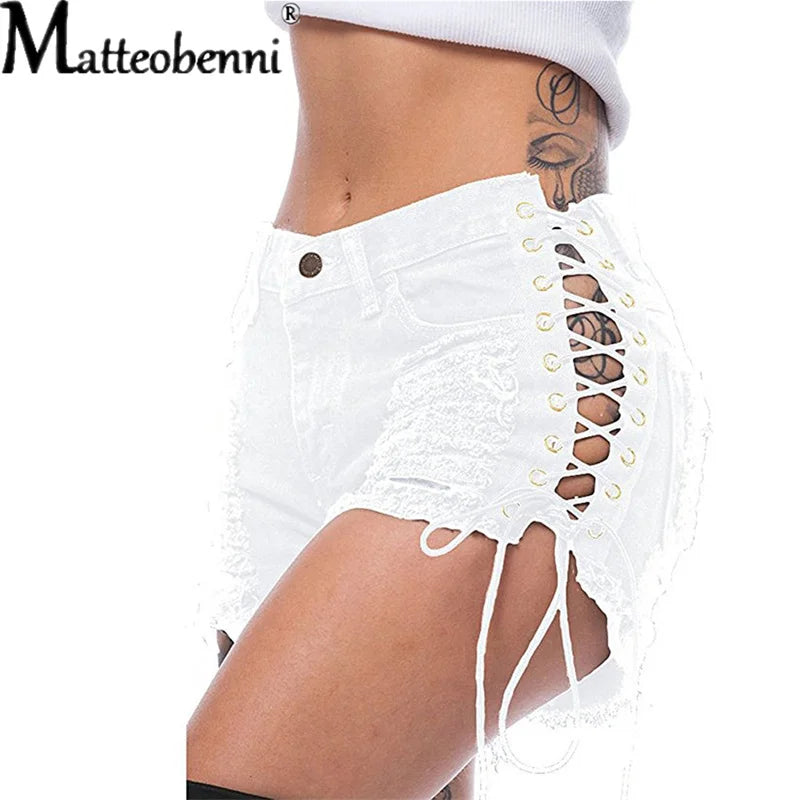 Sexy Ripped Tassel Jeans Streetwear High Waist Straight Denim Shorts 2025 Summer New Women Lace-Up Hole Hollow Out Jean Shorts