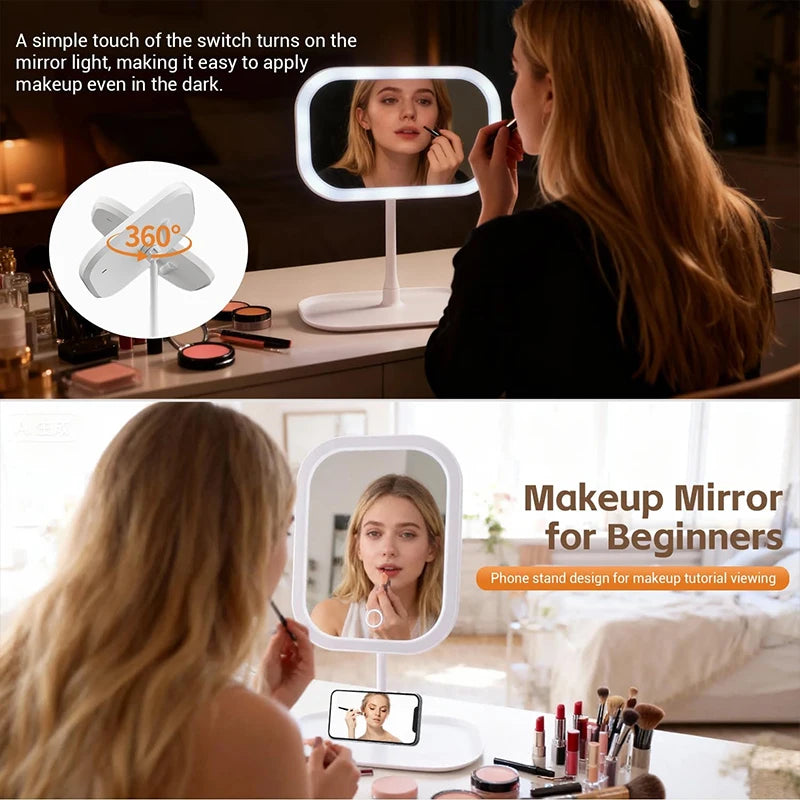 Makeup Vanity Mirror with Lights 3 Color Tabletop Lighted With Smart Touch Control, Light Up With Storage Tray & 270° Rotation