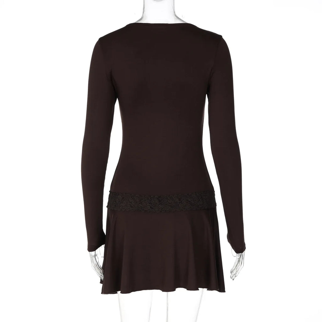 FDYOUI Casual Sexy V-neck Lace Patchwork Mini Dresses Women Long Sleeve Pleated Slim Holiday Dress Party Club Outfit Streetwear