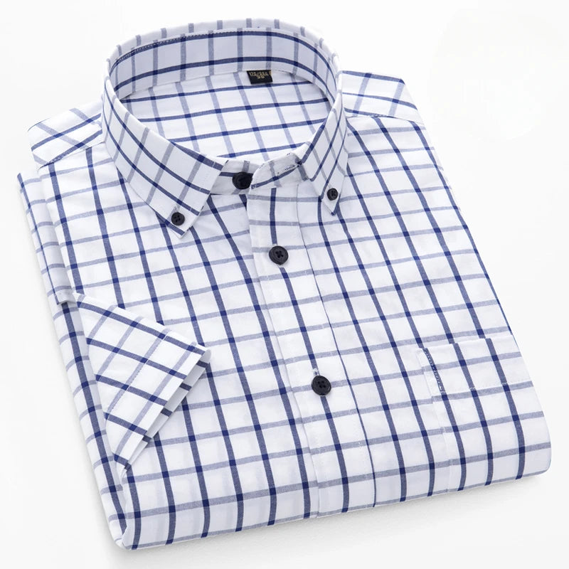 New In Shirt Summer 100%Cotton Short Sleeve Shirts for Men Slim Fit Formal Plain Shirt Designer Plaid Korean Popular Clothes