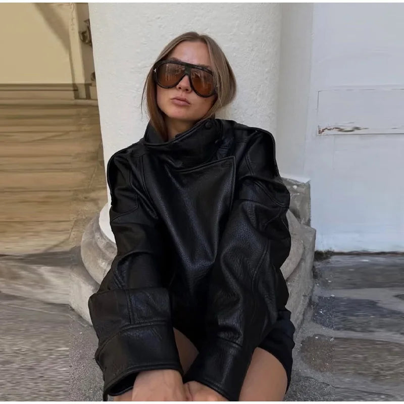 High Street Leather Jackets Women's Casual Double-breasted Turn Down Collar Loose Coats Elastic Waist 2026 Autumn New Outwear