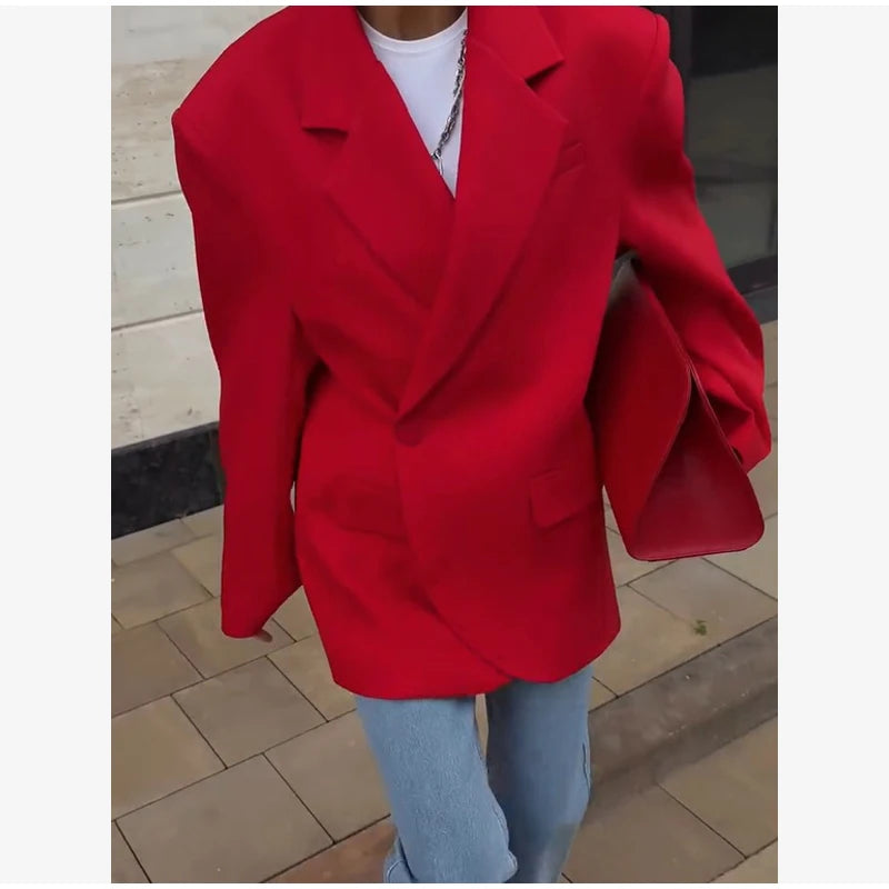 Dark Burgundy Waist-Cinching Shoulder Pad Blazer 2026 Women's Stand Collar Button Design Height-Enhancing Slimming Commute Coat