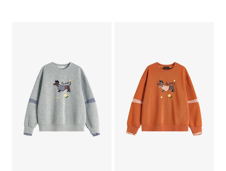 TOYOUTH Women's Sweatshirt 2026 Autumn New Loose Deconstructed Faux Two-Piece Plaid Dachshund Print Vintage Pullover Top