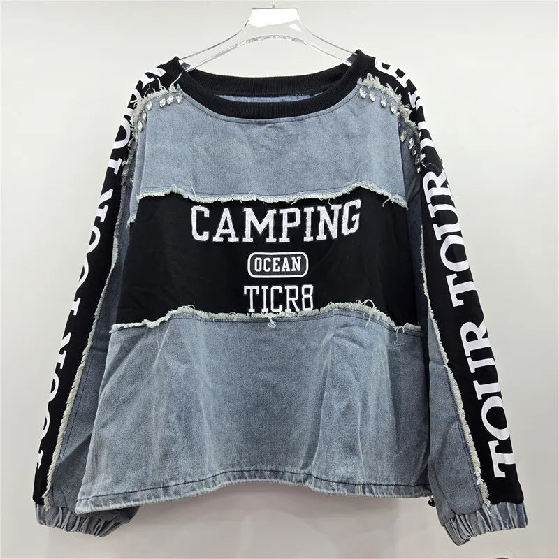 WTHT New Trendy Women's Heavy Industry Diamonds Patchwork Letter Print Sweatshirt 2025 Autumn O-neck Pullovers Female 1LS2533