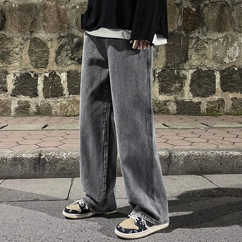 Fashion Men's Solid Color Drape Jeans Loose Straight Korean Vintage High Street Hip-hop Y2K Casual Daily Dragging Wide-leg Pants