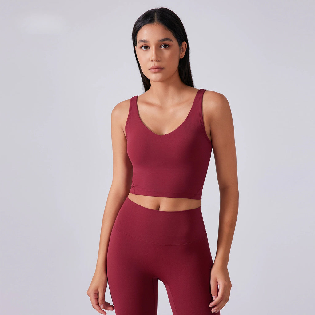 SHINBENE Women's V-neck Slimming Fitness Long-sleeve Padded Short-sleeve Sports Bra Yoga Bra Classic Athletic Tank Top