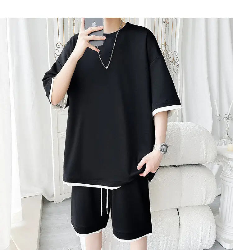 Men's Solid Color 2-Piece Outfit Short Sleeve T-Shirt & Drawstring Elastic Waist Shorts Set Casual Lounge & Streetwear Clothing