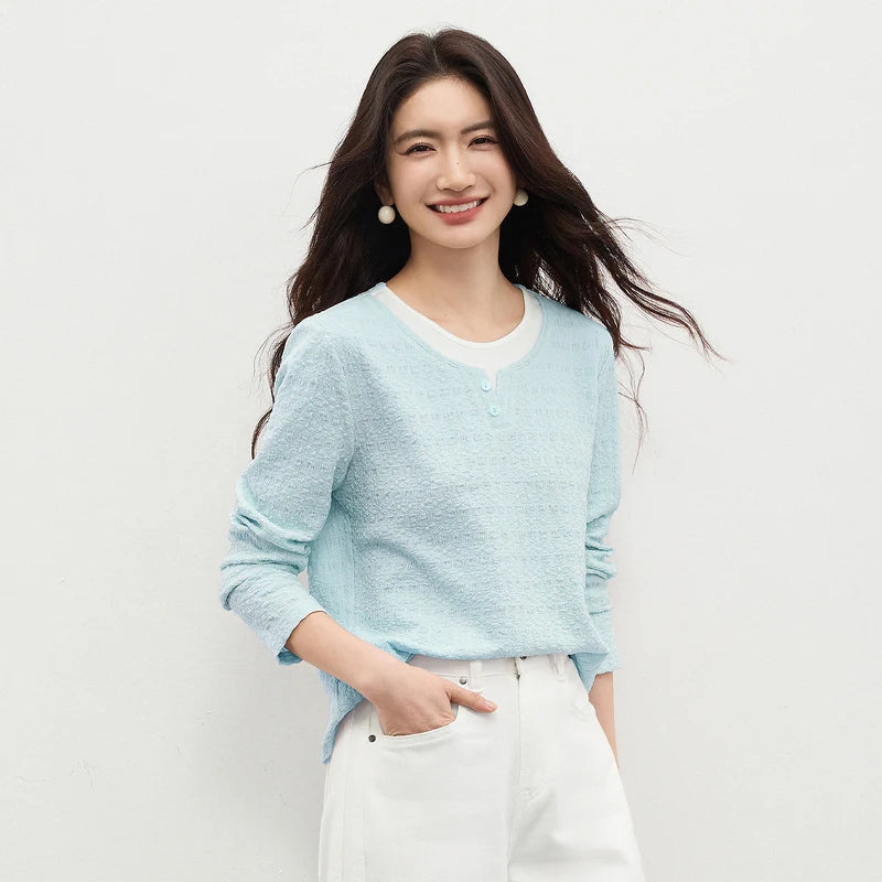 SENTUBILA Women's T-Shirt 2026 Spring Long Sleeve Top Round Neck Color Block Textured Fashion Tee Shirt Woman Clothes 161TD5398