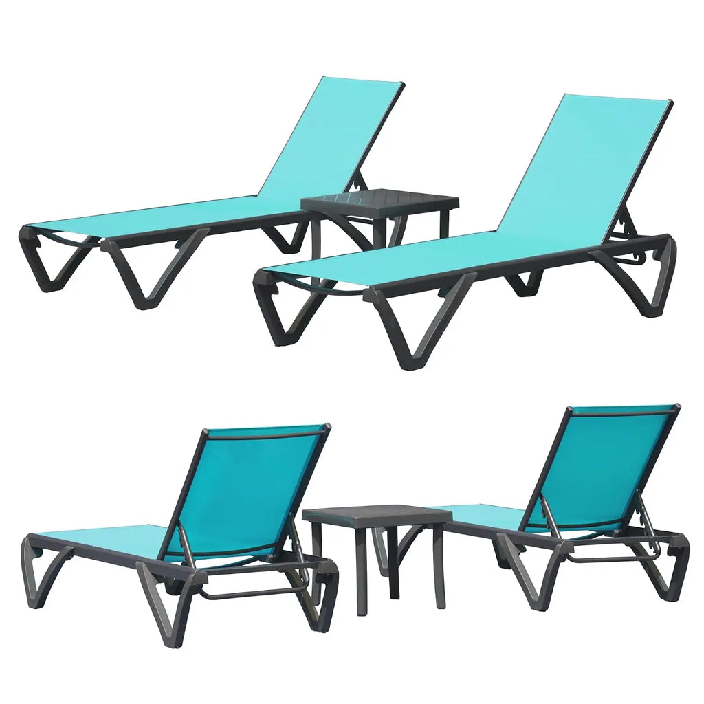 Outdoor Aluminum Chaise Lounge 3-Piece Set 5-Position Adjustable Recliner with Side Table for Patio Beach Pool Yard, Customized