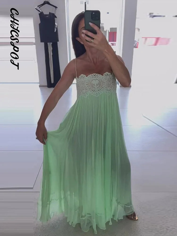Lace Patchwork Pleated Slip Long Dress Women Sexy Spaghetti Strap Sleeveless Backless Loose Evening Dresses Chic Ladies Vestidos