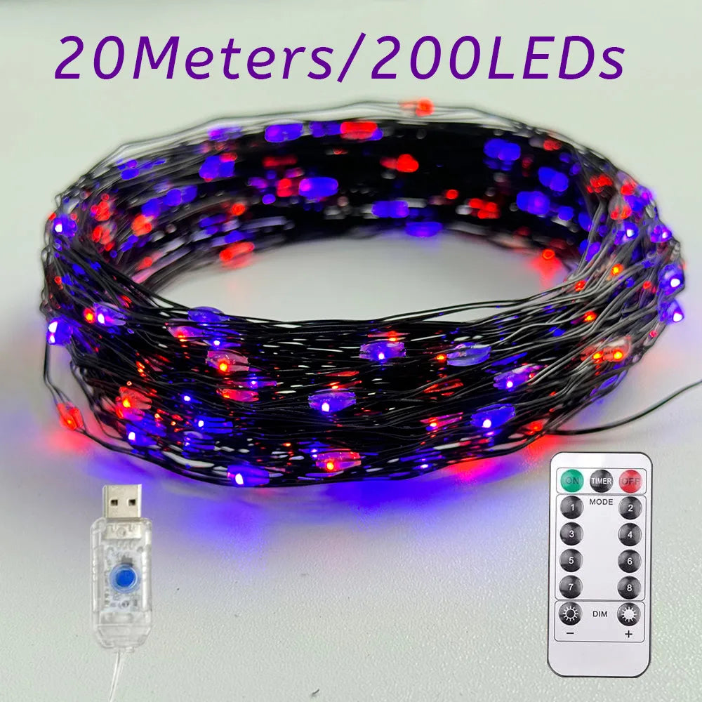 Halloween Fairy Lights USB 20M 200LED Auto Timer 8 Modes Waterproof  for Outdoor Garden, Yard, Fence Decor (Purple & Orange)