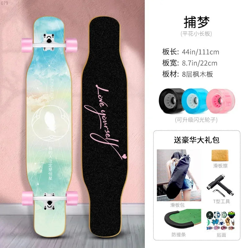 Longboard Beginner Boys and Girls Adult Professional Double Dancing Board 44in Teen Maple Quad