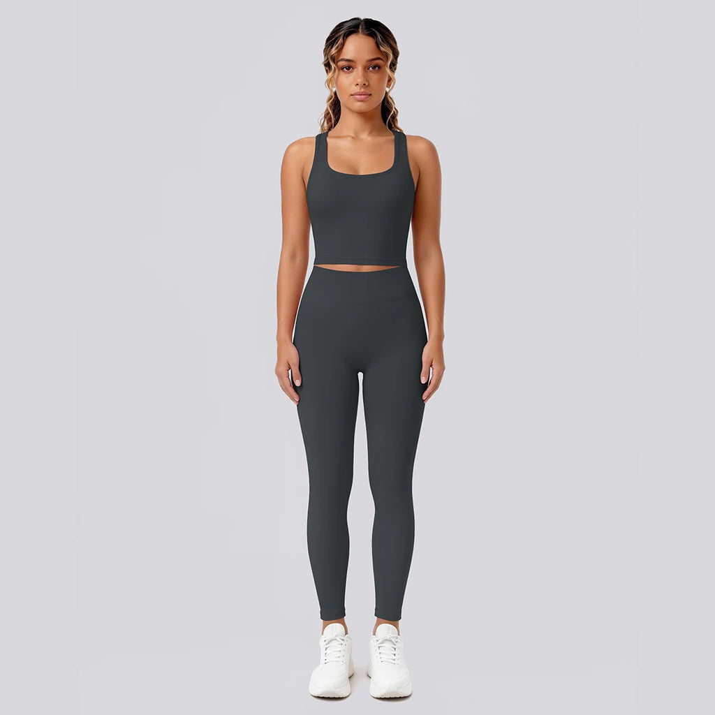 2PCS Solid Color Yoga Set for Woman's Gather Beautiful Back I-shaped Vest Shock-absorbing Running Yoga Tank Top Push Up Pants