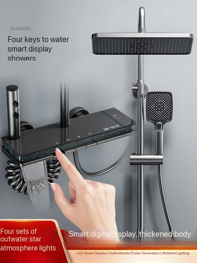 Gray Piano Button Ambient Light Bathroom Shower Full Set Digital Display Shower System Sets Rain Faucets Shower Head
