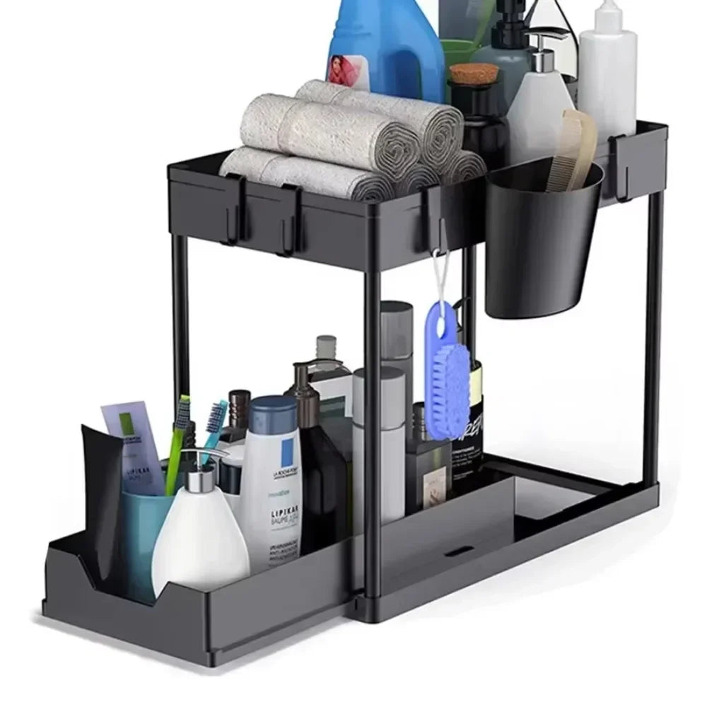 Kitchen Bathroom Under Sink Organizer 2-Tier Sliding Storage Basket Multipurpose Shelf with Hanging Cup and Hook Accessories
