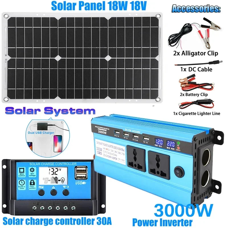 3000W/4000W/5000W/6000W Solar Panel System Power Inverter Kit 12V to 220V with 18V Solar Panel+30A Charge Controlle Power