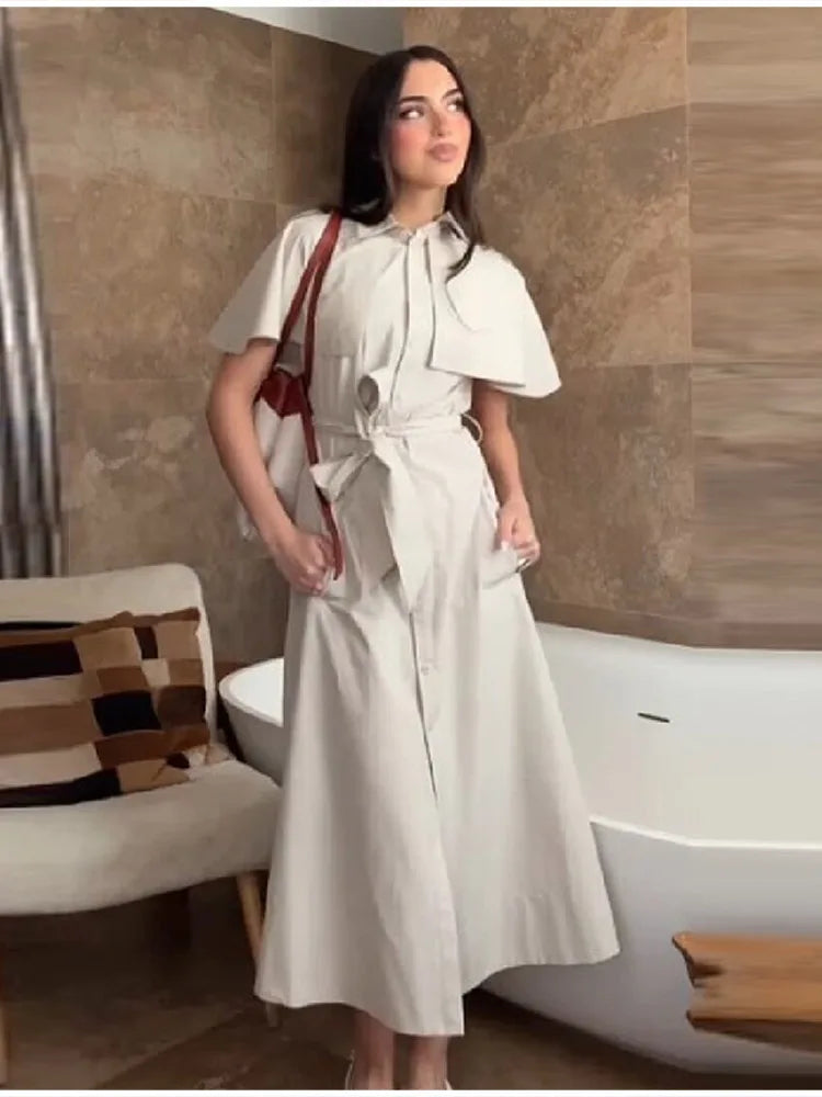 Women Trench Style Shirt Dress Solid Color Cape Sleeve Waist Belt Button Down Midi Skirt Casual Chic Daily Office Outfit New