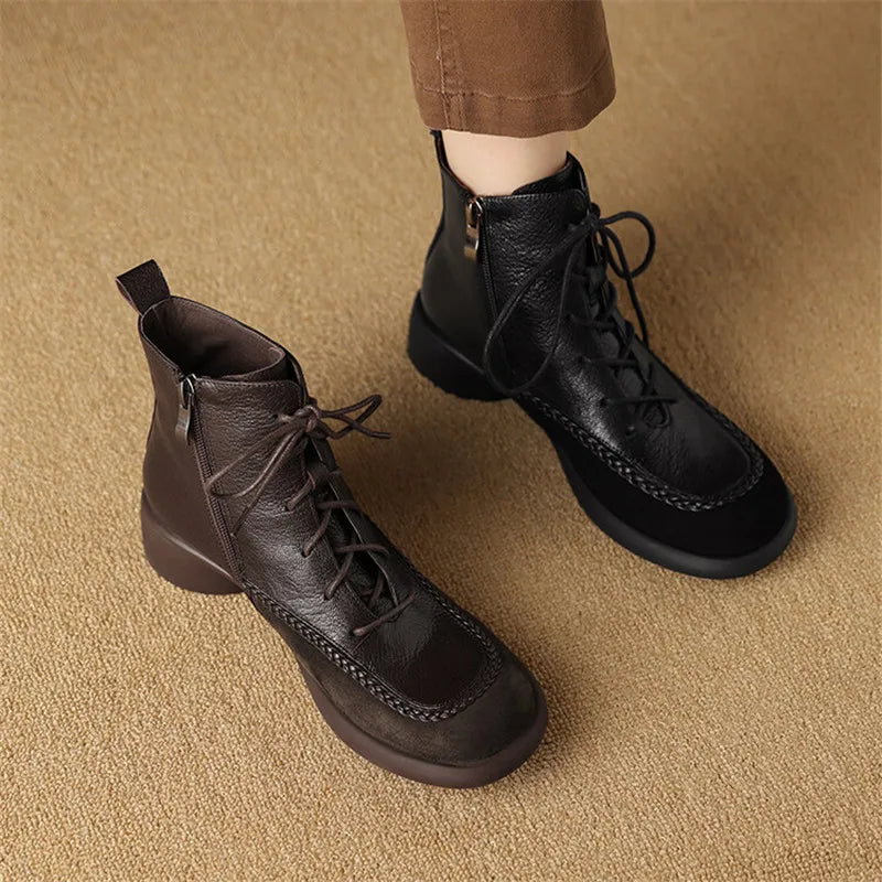 New Autumn Winter Genuine Leather Women Boots Fashion Lace Ankle Boot for Women Short Boots Shoes Chunky Heel Botines Mujer