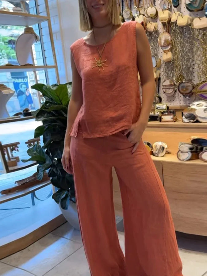 Summer Fashion Retro Casual Solid Color Cotton Linen Suit Women's Sexy O-neck Sleeveless Vest + Trousers Suit Two-piece Suit
