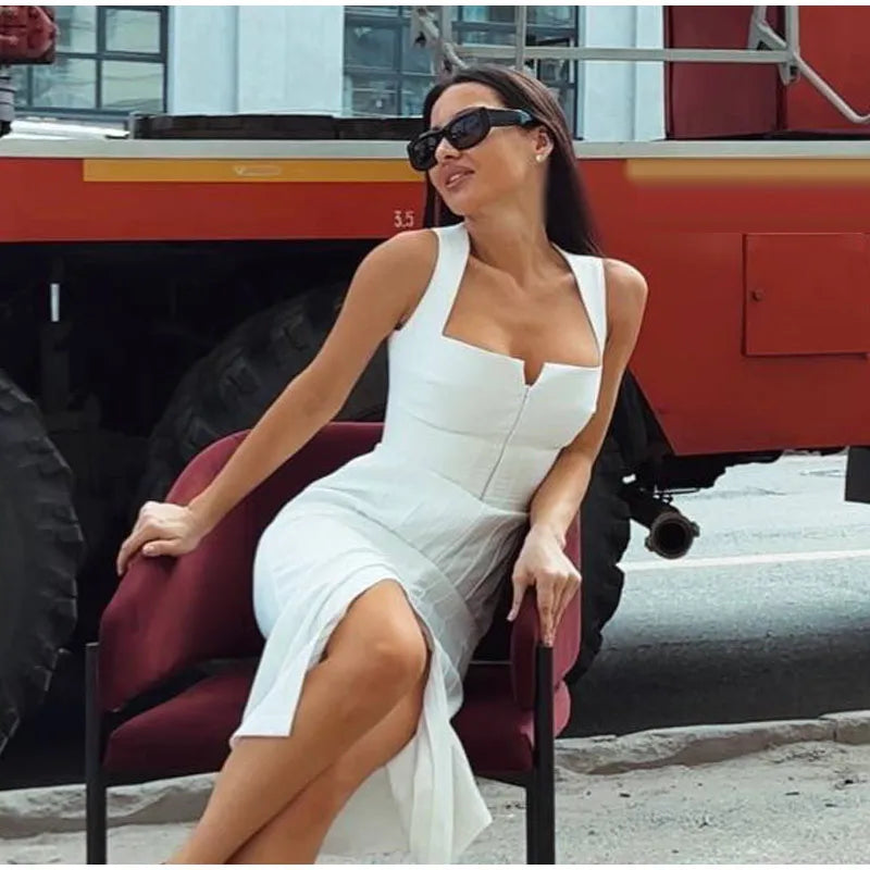 Camisole Women's Dress U Neck Zipper Dress Fitted Waist Split Long Dress Elegant Stylish Wear Date Party Outfit
