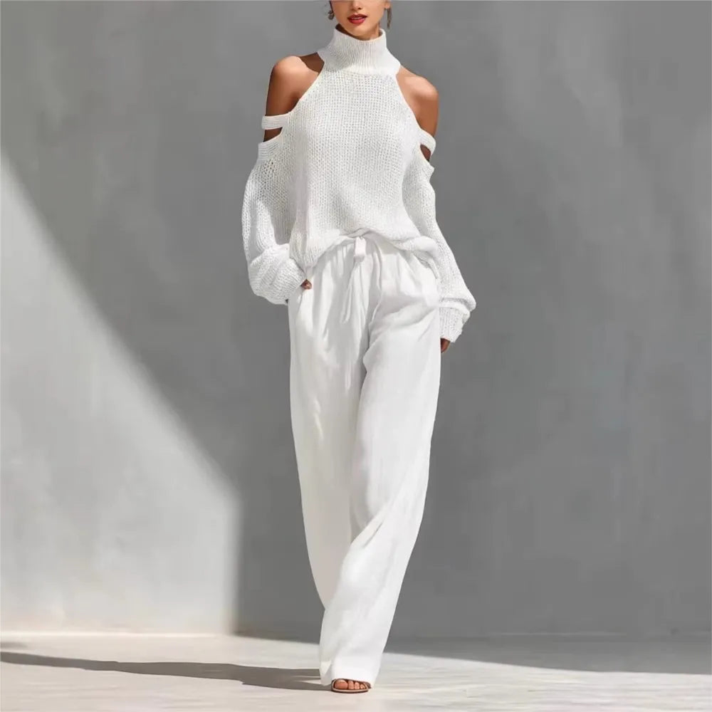 Fashion High Collar Sexy Hollow Off-shoulder Women's Knitted Tops 2-piece Set Spring Casual Loose Wide-leg Trousers Female Suit