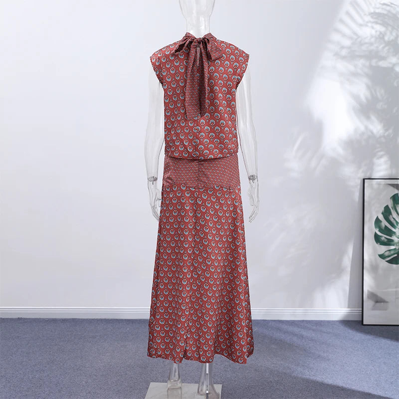 Elegant Printed Women's Vest Skirts Suit Sleeveless Top A-Line Long Skirts Lady Set 2026 Summer Autumn 2 Pieces Set Women