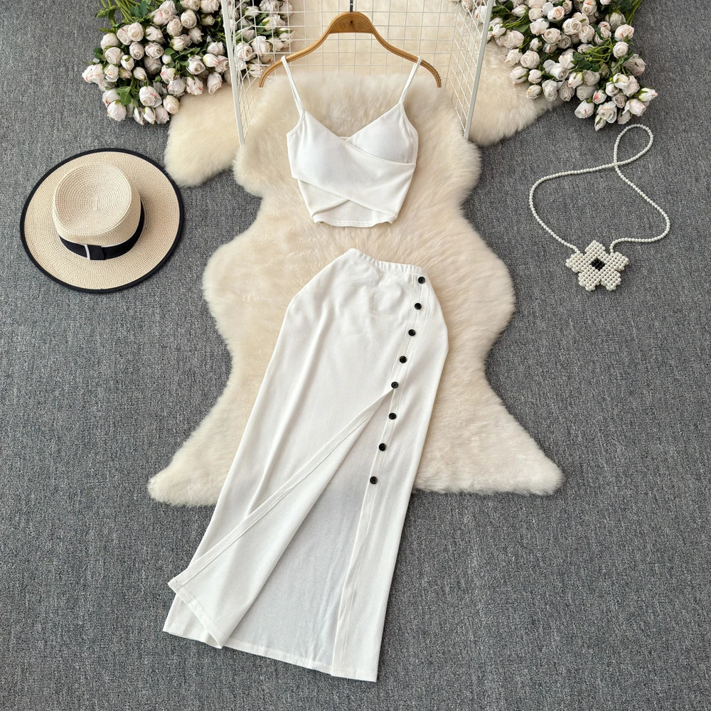 Sexy two Pieces Sets Chic Elegant  v neck slip camis with High Waist Hip Wrap Single Breasted split summer sweet Full Skir