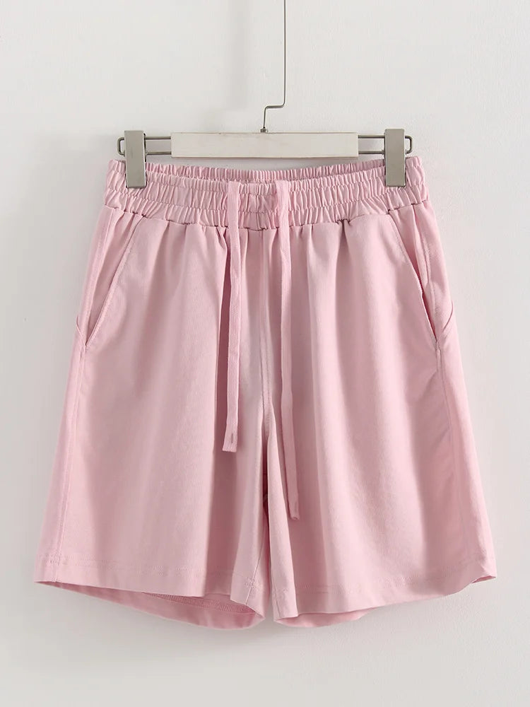 Summer 2 Piece Shorts Set Woman Cotton Brown Oversized T Shirts And Shorts Two Pieces Outfits For Women White Short Sets Pink