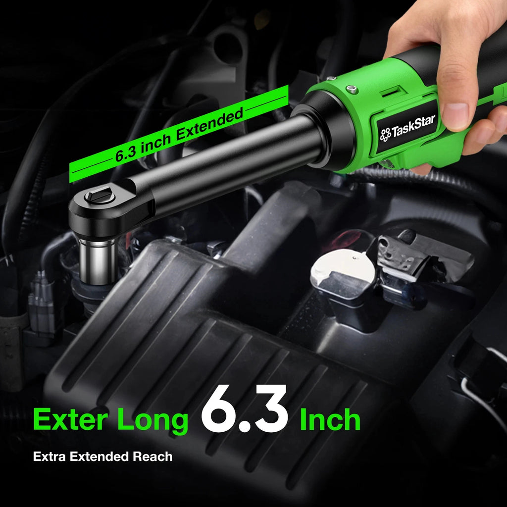 TaskStar 21V Cordless Ratchet Wrench 6.3-inch Extension Bar 70N.m 3/8-inch Electric Wrench with LED Light, 1/4&1/2-inch Adapter, 2 2000mAh Batteries, 8 Sockets, Charger