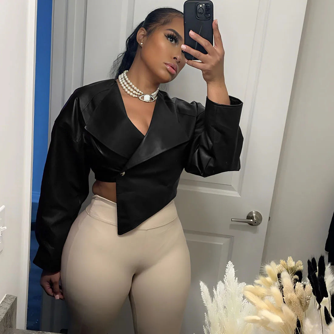 Joskaa 2025 Fall Women's PU Leather Jackets Fashion Solid Lapel Full Sleeve Slim Irregular Crop Coats Outerwear Y2K Streetwear