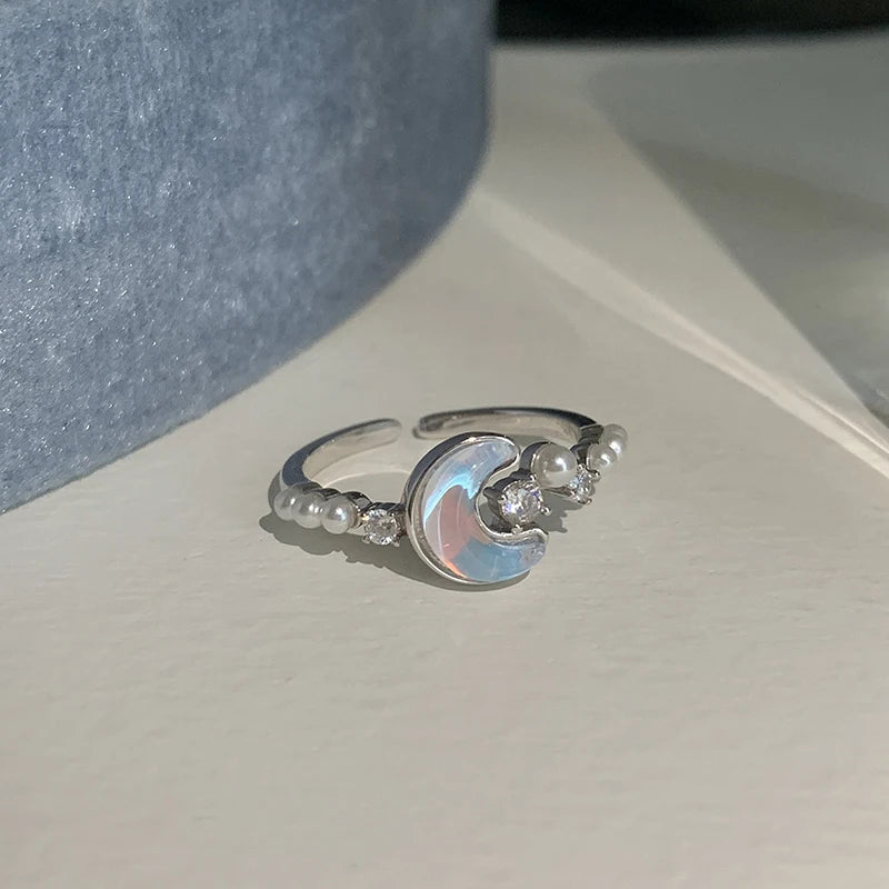New Blue Planet Star Moon Rings for Women Zircon Rhinestone Pearl Open Finger Rings Sweet Party Y2K Jewelry 2000S Girls Gifts